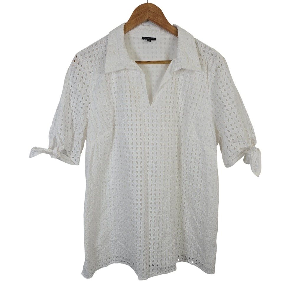 Talbots Womens XL White Eyelet V-Neck Tie Sleeve Side Zip Blouse Top